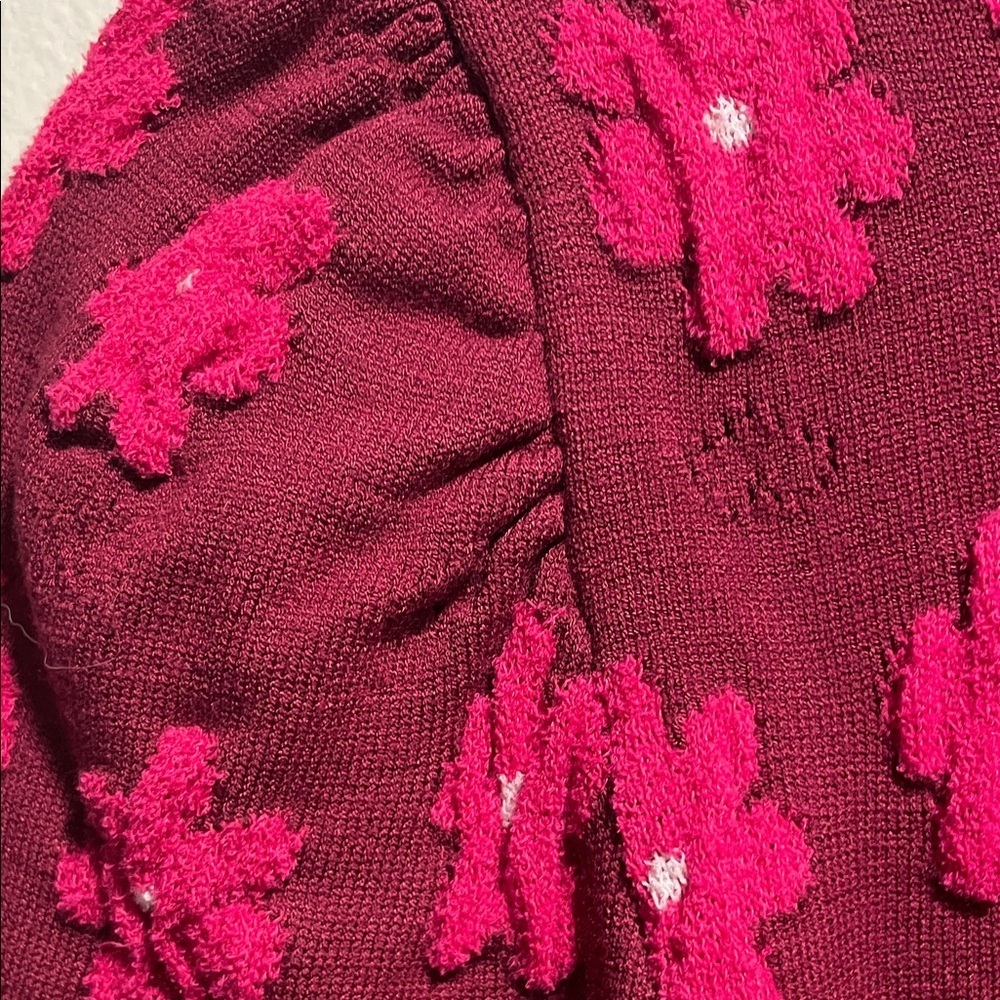Kate Spade NY Mainline Marker Maroon with Pink Floral Puff Design Sweater - Picture 9 of 11